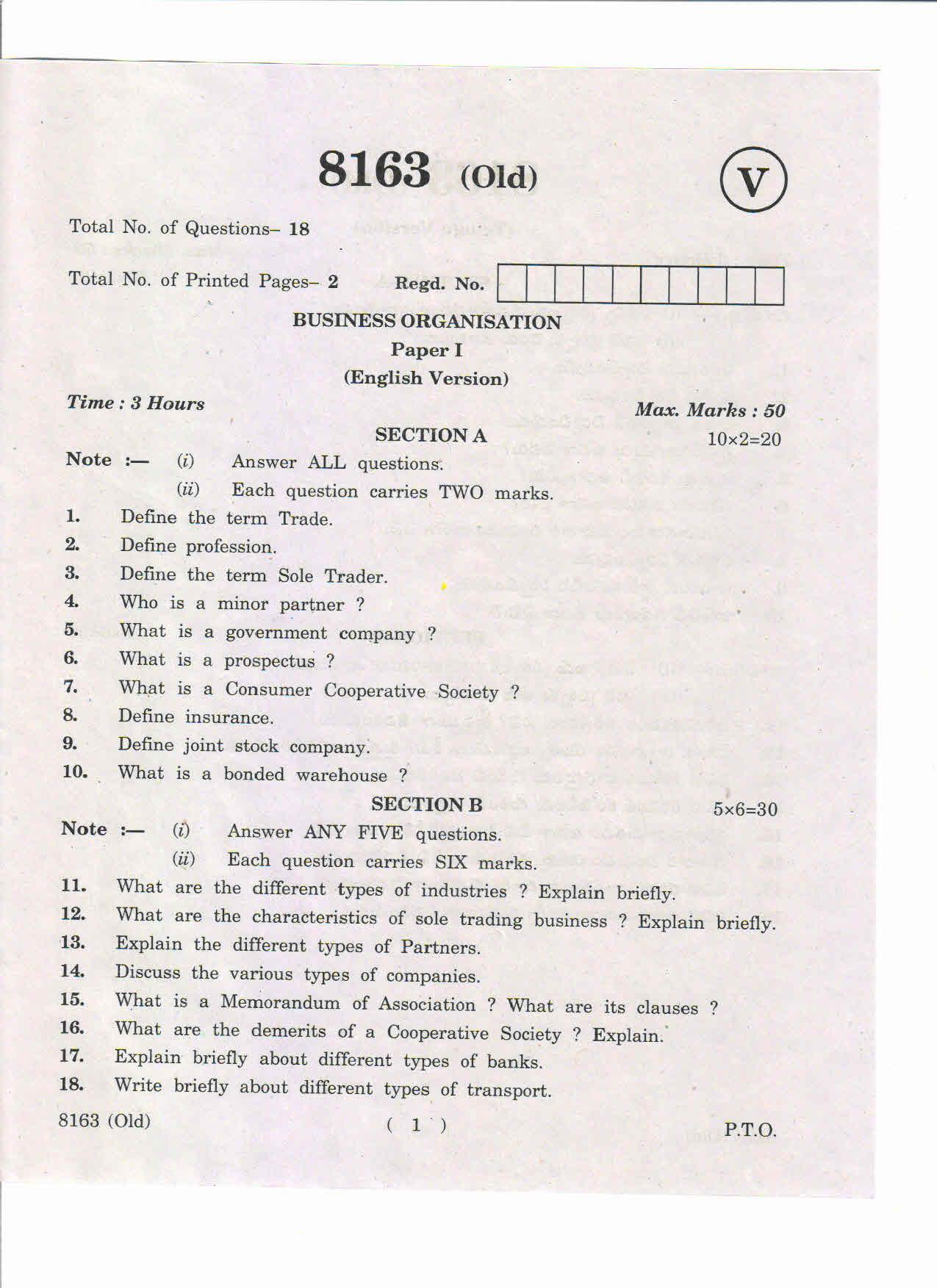 AP Inter 1st Year Business Organisation-I (Old) May-2019-Vocational Question Paper - Page 1