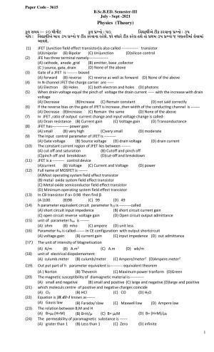 Hemchand North Gujarat University Sample Paper July-Sept 2021:  B.Sc.B.ED. Semester-III Physics (Theory) Paper Code - 3615