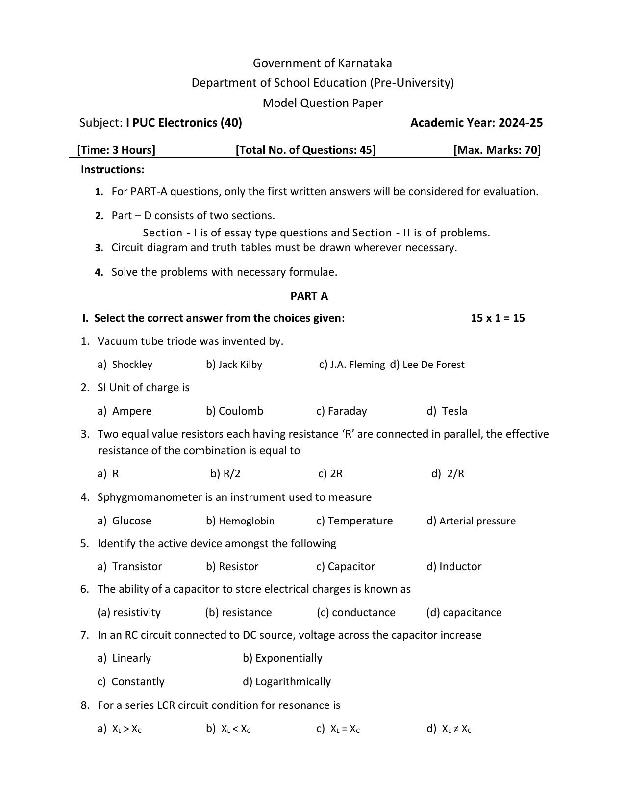 Karnataka 1st PUC Electronics Model Question Paper 2025 - Page 1