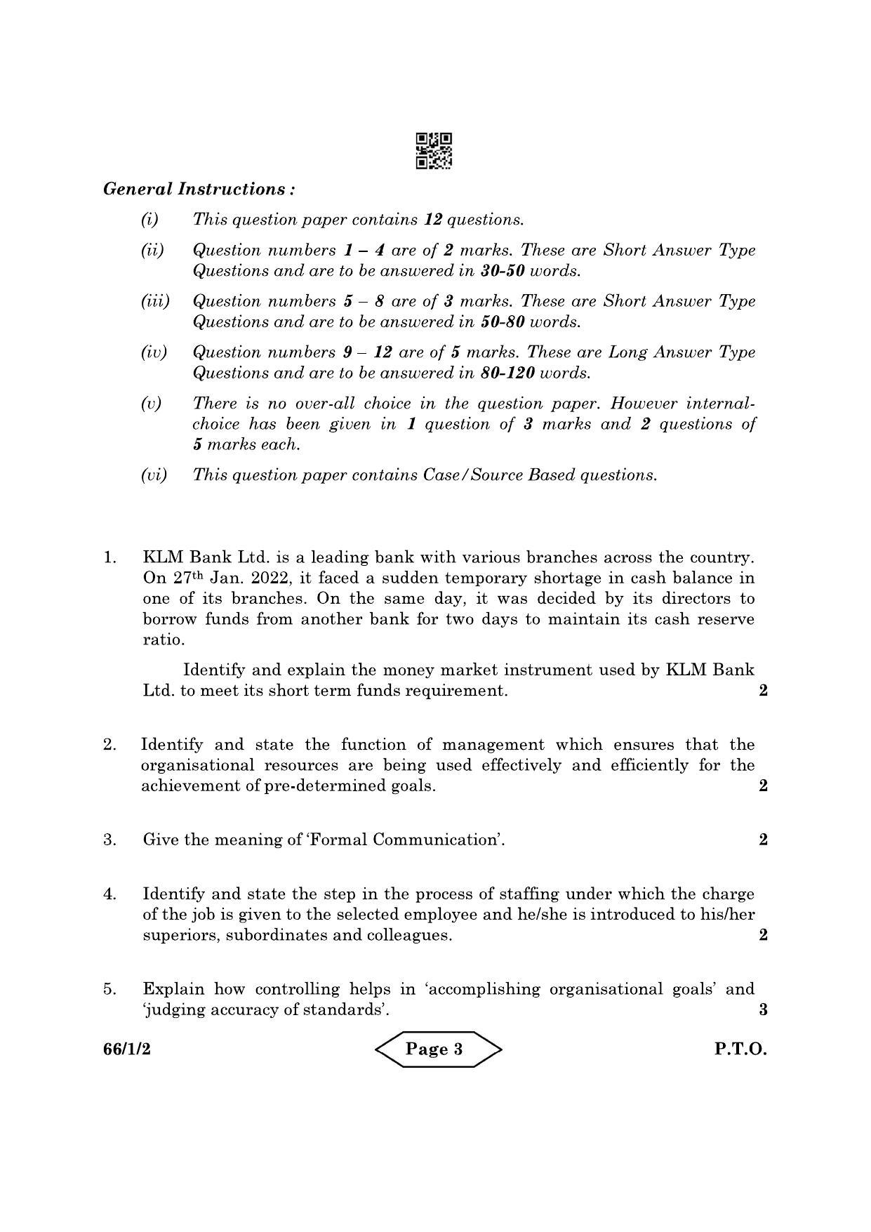 CBSE Class 12 66-1-2 Business Studies 2022 Question Paper - Page 3