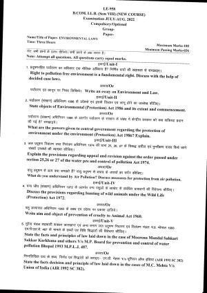 Bilaspur University Question Paper July 2022: B.COM. LL.B. Eight Semester (New Course) Environmental Laws Paper 1