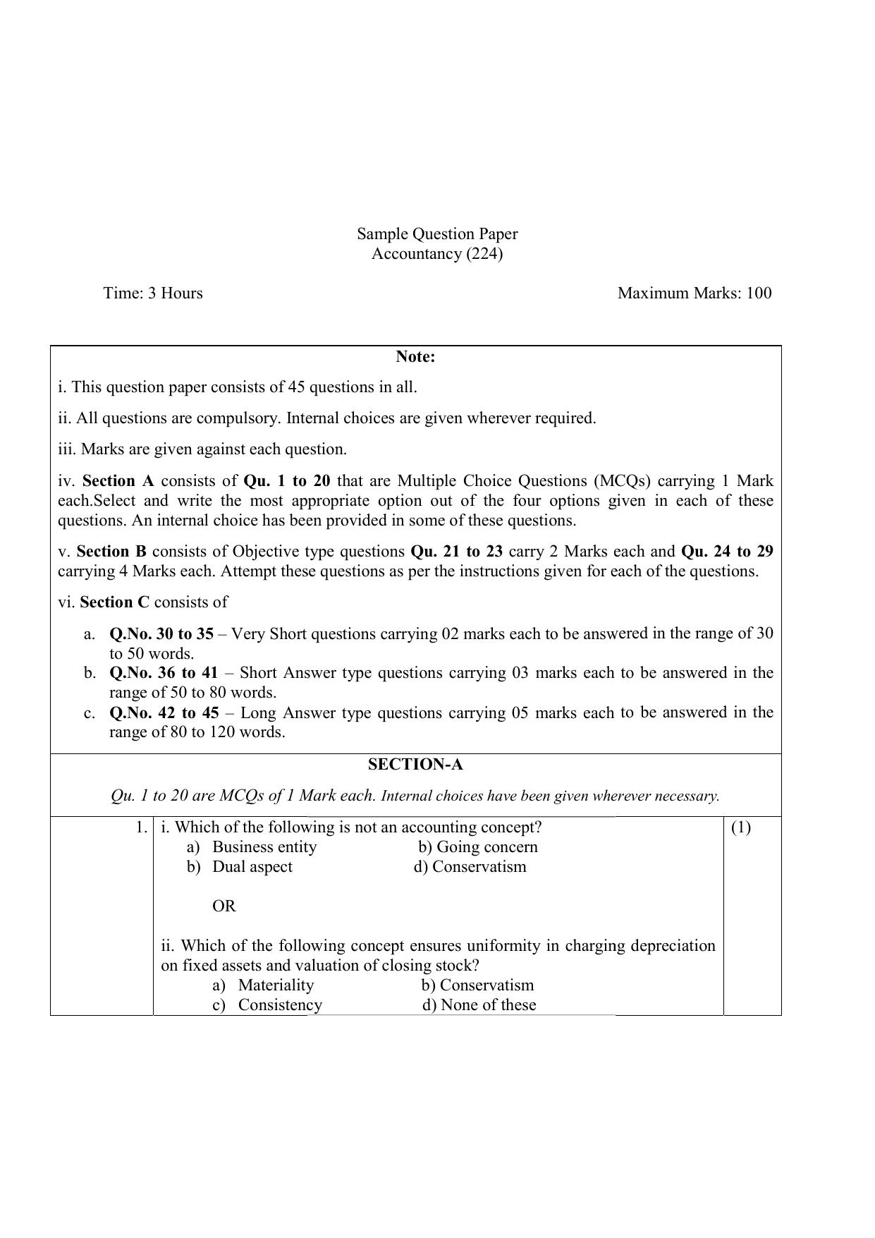 NIOS Class 10 Accountancy (224) Sample Paper - Page 1