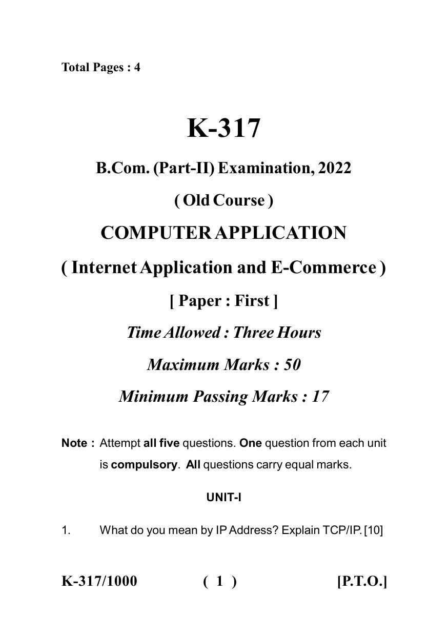  Sarguja University Question Paper - 2022 :  B.Com-II(Old) Computer Application Paper – I - Page 1