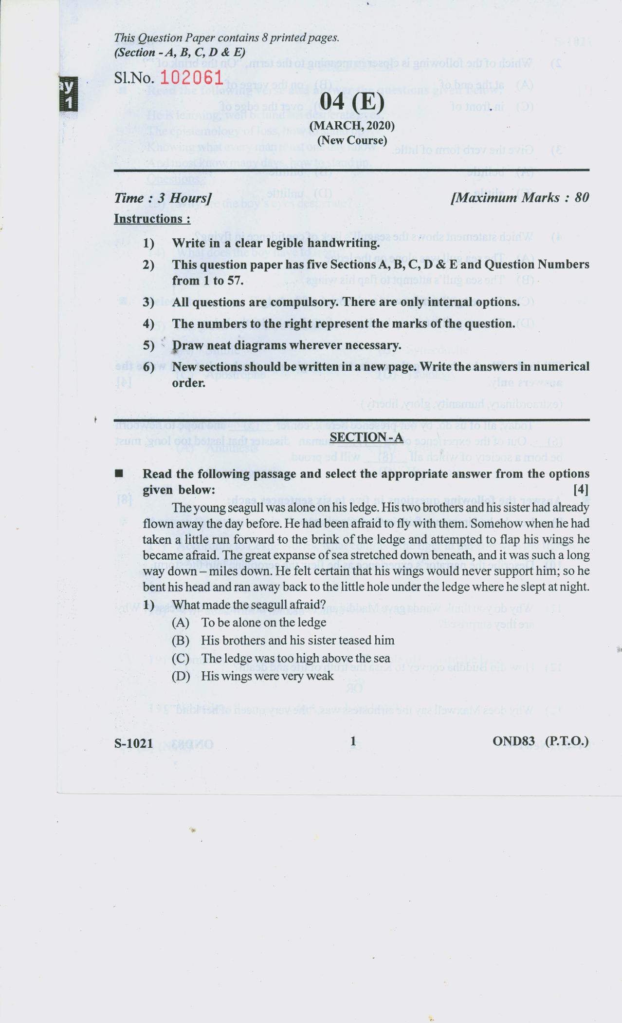 Gujarat Board Class 10th ENGLISH F L Question Paper - Page 1