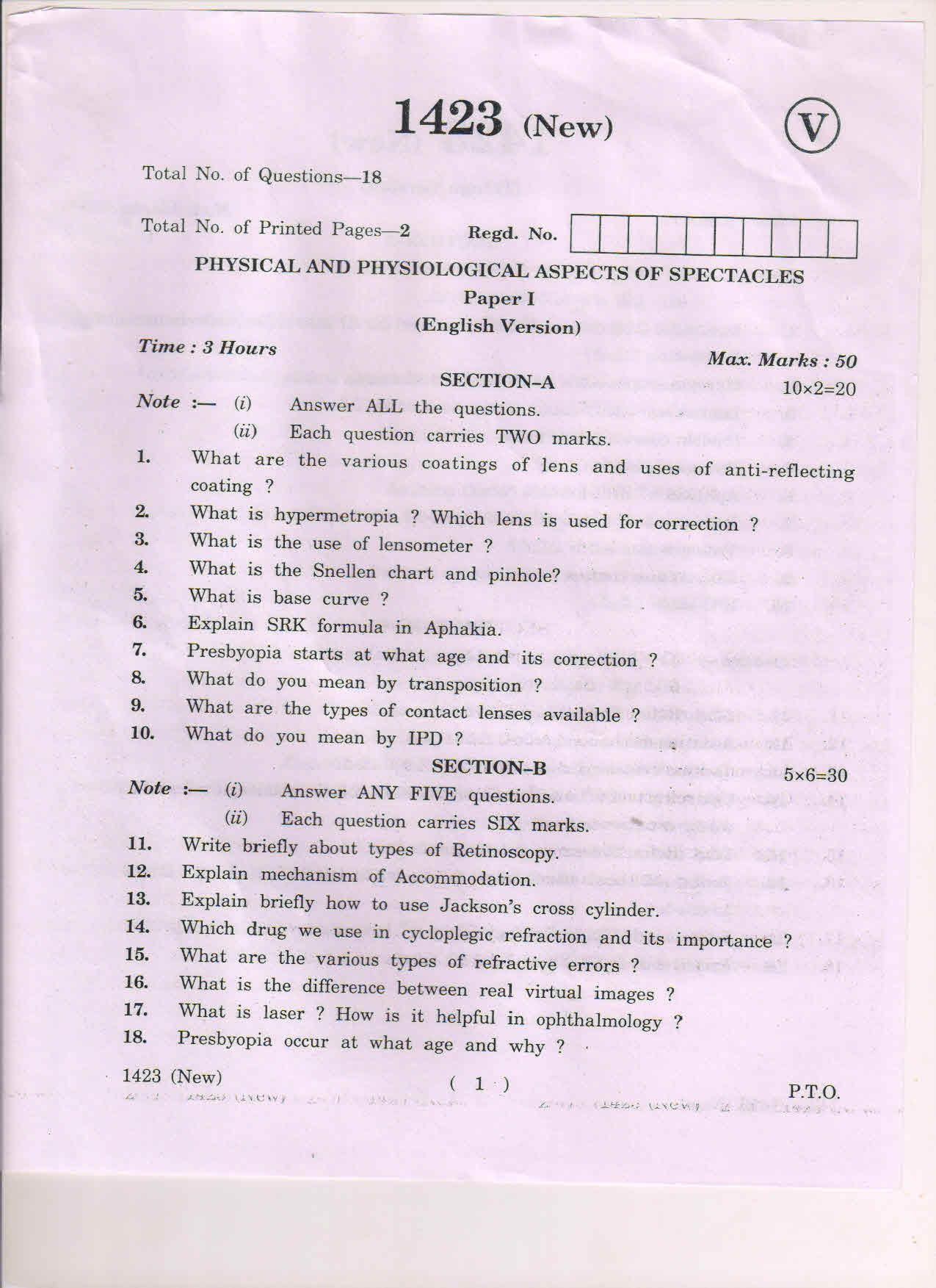 AP Inter 1st Year OT-I (New)-1423 March-2019-Vocational Question Paper - Page 1