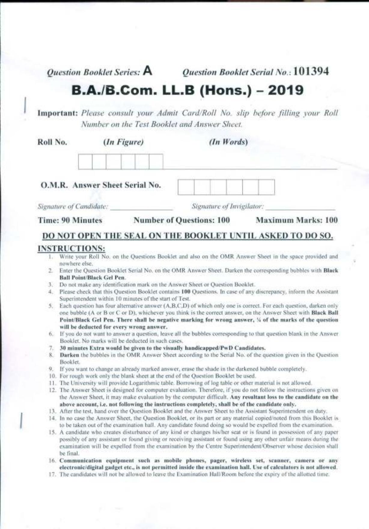 PU B.A./B.Com. LLB. (Hons.) 2019 Question Paper - Page 1