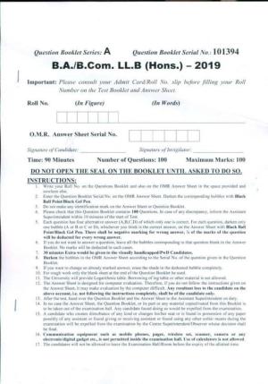 PU B.A./B.Com. LLB. (Hons.) 2019 Question Paper