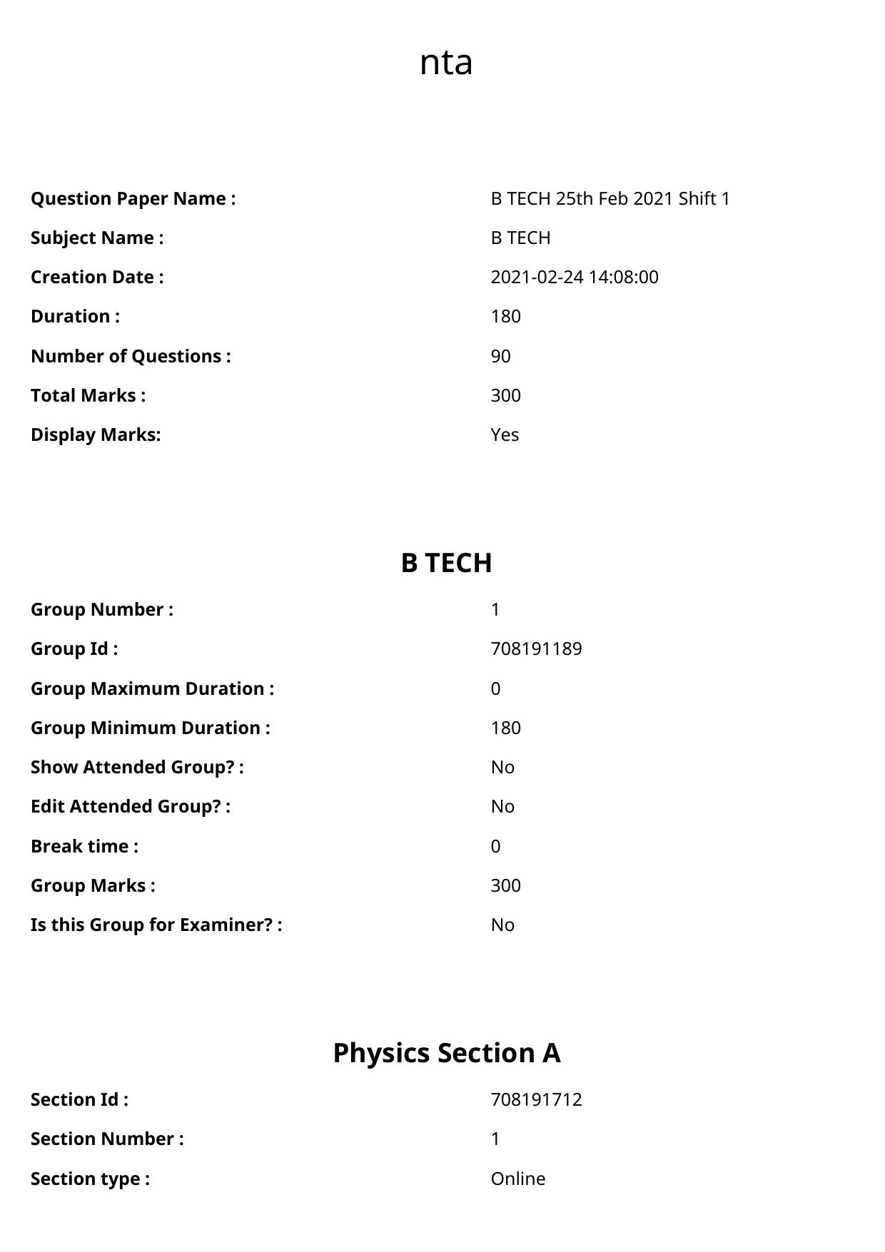JEE Mains 2021: BTech English (Shift 1) 25-02-2021 Question Paper - Page 1