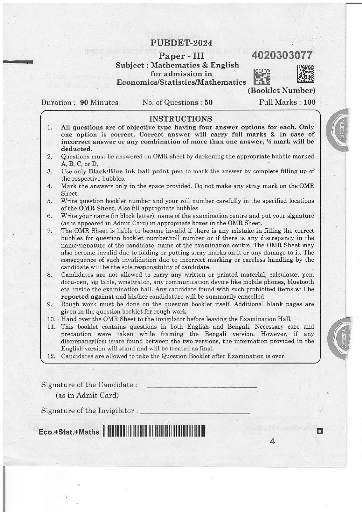 WB PUBDET 2024 Economics Statistics Mathematics Question Paper - Page 1