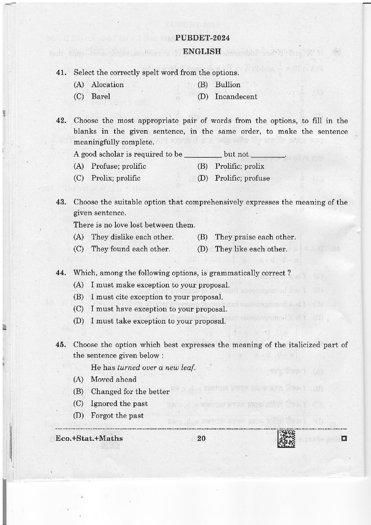 WB PUBDET 2024 Economics Statistics Mathematics Question Paper - Page 20