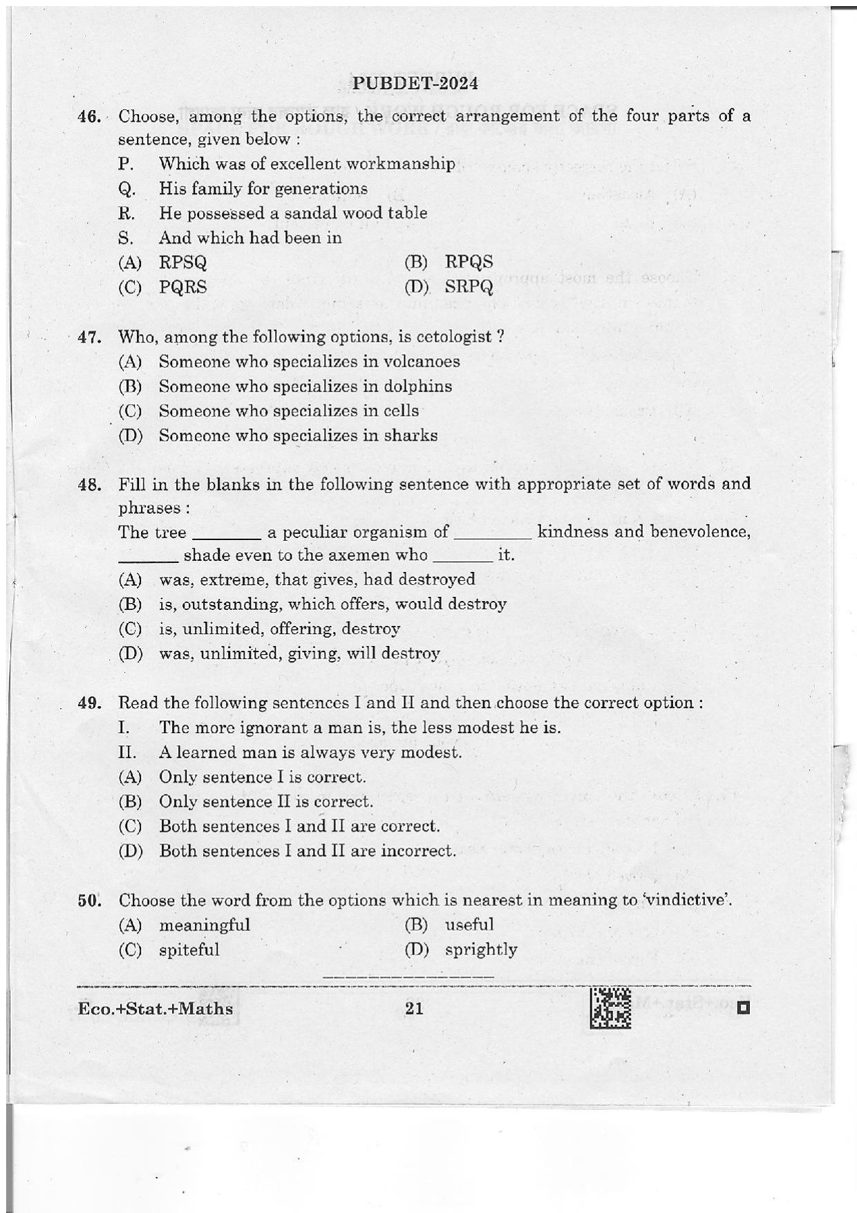 WB PUBDET 2024 Economics Statistics Mathematics Question Paper - Page 21
