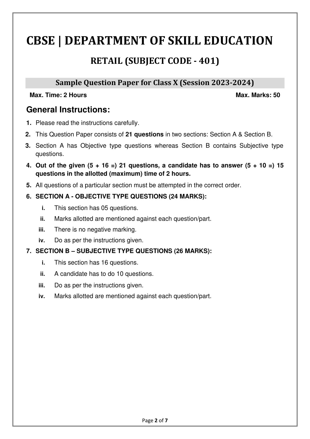 CBSE Class 10 (Skill Education) Retail 2024 Sample Paper - Page 2