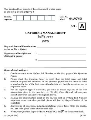 NIOS October 2022 Class 12 Catering Management Question Paper