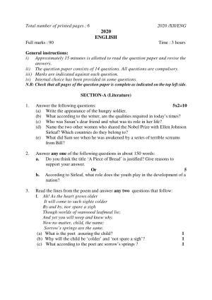 Nagaland Board Class 12 ENGLISH 2020 Question Papers