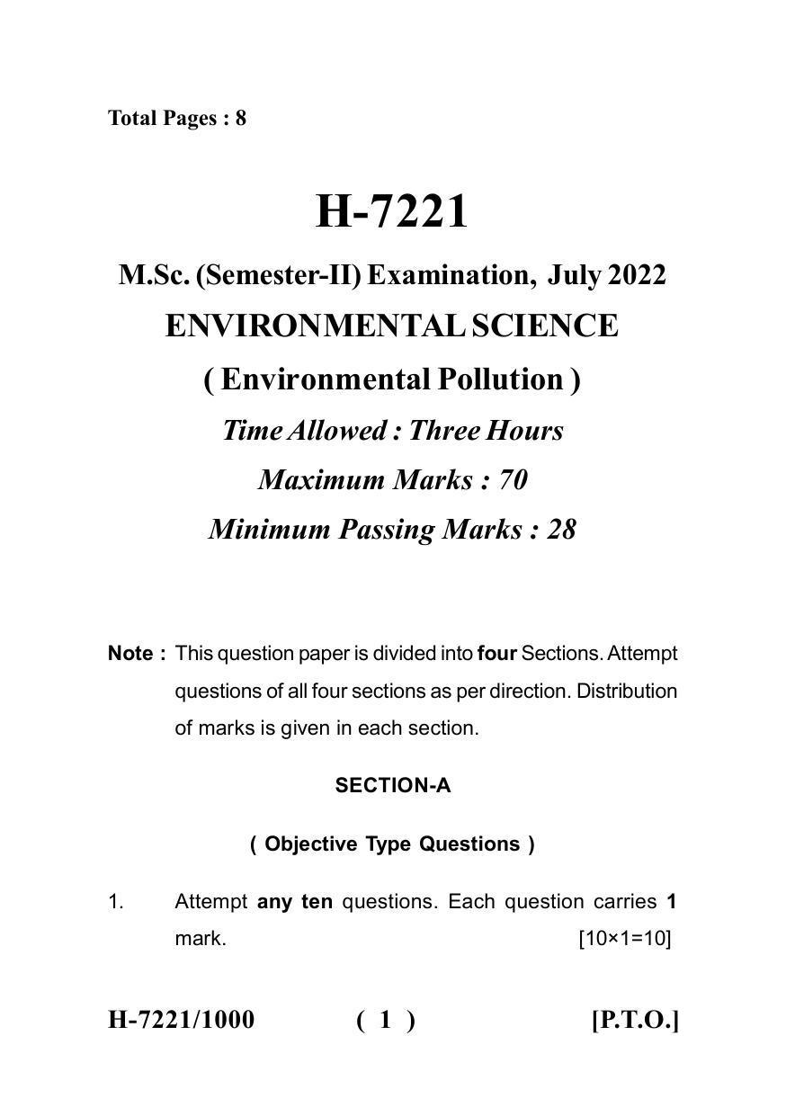 Sarguja University Question Paper July-2022 : M.Sc. In Environmental Science(Second Sem.)Environmental Pollution Paper 1 - Page 1