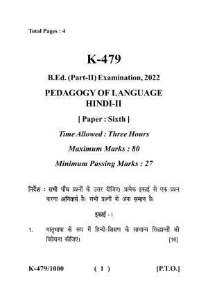 Sarguja University Question Paper - 2022 :   Bachelor Of Education II Year  Pedagogy Of Language-Hindi (II) Paper I