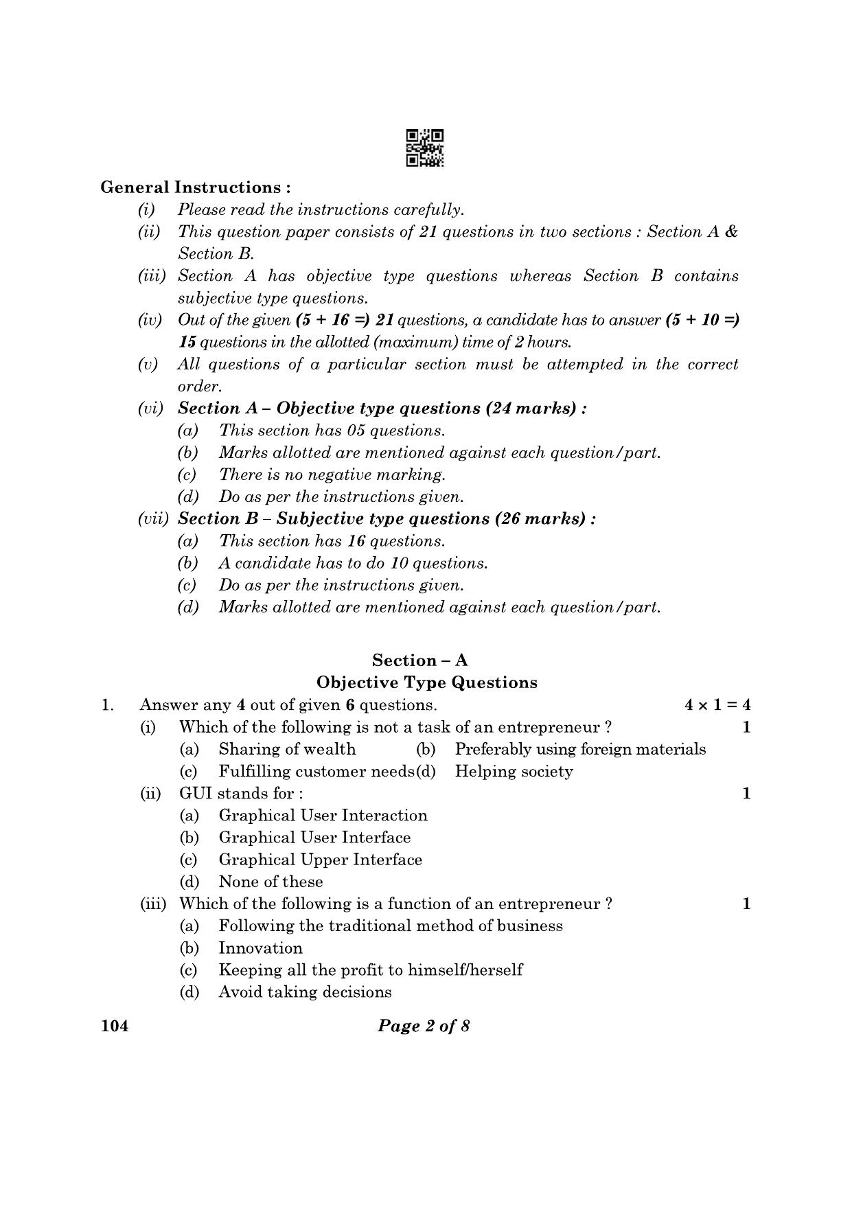 CBSE Class 10 104 Artificial Intelligence 2023 Question Paper - Page 2