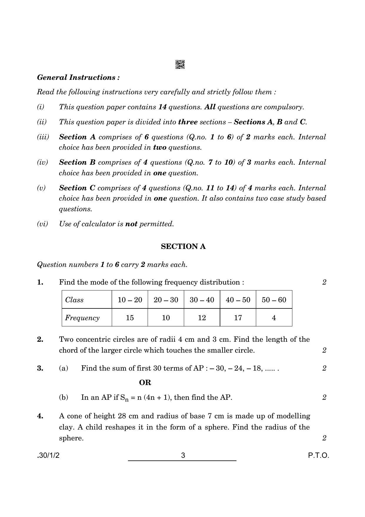 CBSE Class 10 Maths (30/1/2 - SET II) 2022 Question Paper - Page 3