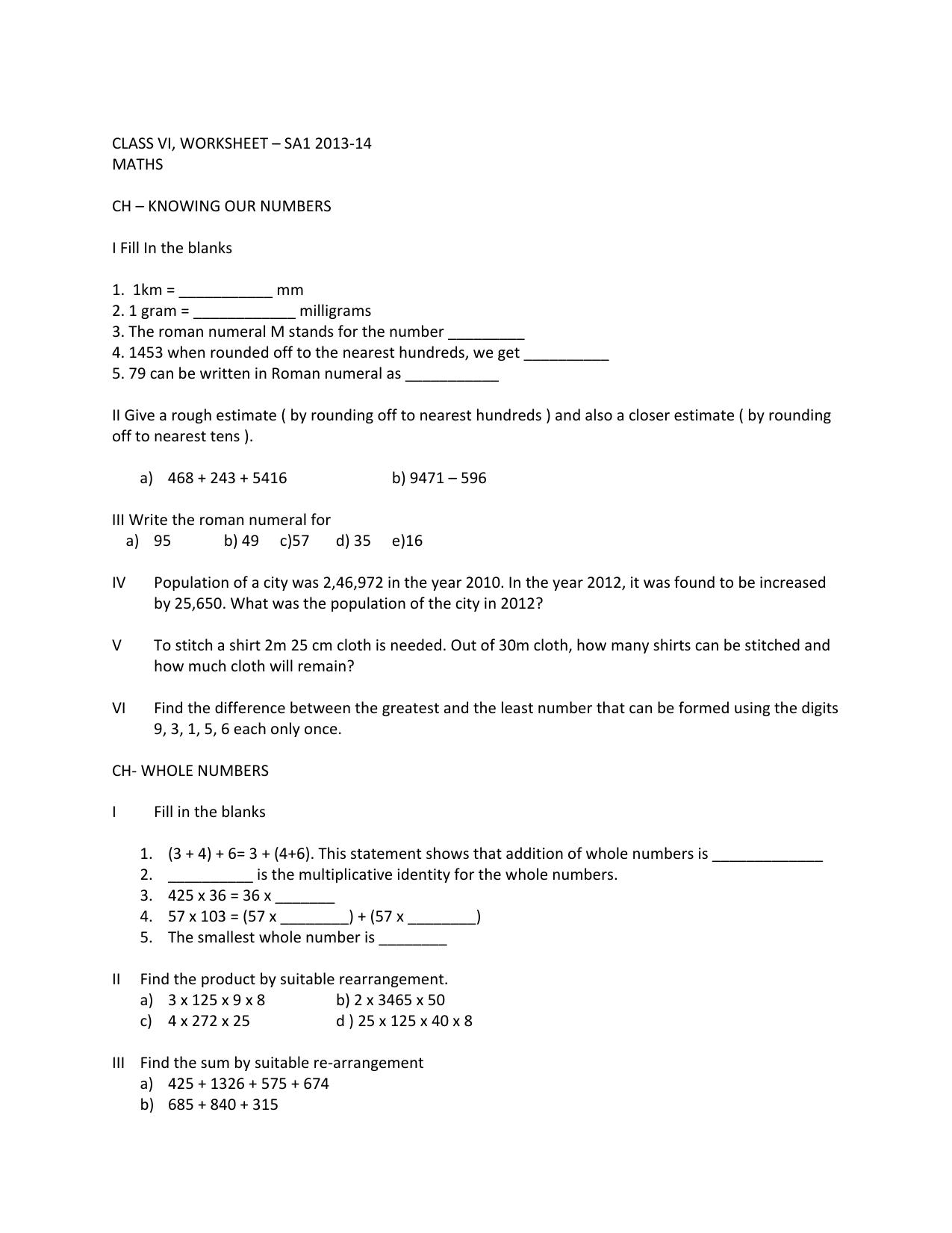 CBSE Worksheets for Class 6 Maths Assignment 14 - Page 1