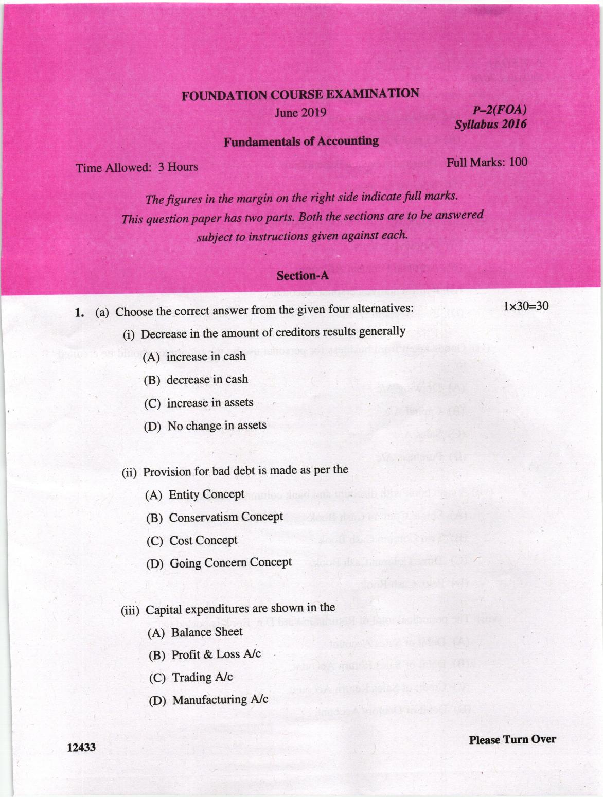 ICMAI June 2019 Fundamentals of Accounting Question Paper - Page 1