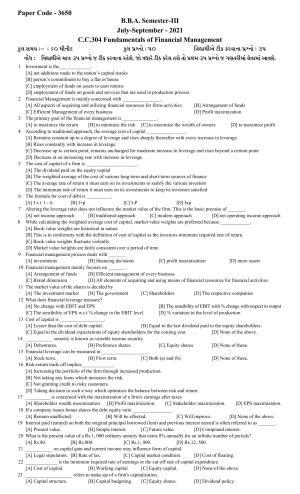Hemchand North Gujarat University Sample Paper July-Sept 2021: B.B.A. Semester-III - C.C.304 Fundamentals of Financial Management Paper Code - 3650