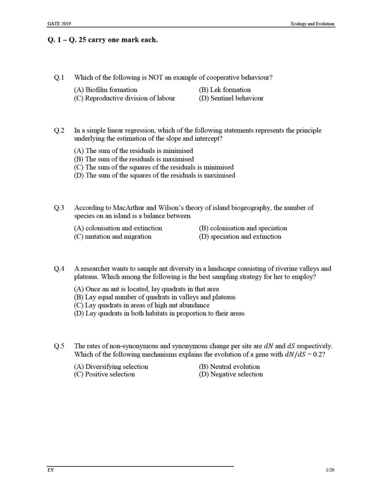GATE 2019 Ecology and Evolution (EY) Question Paper - Page 4