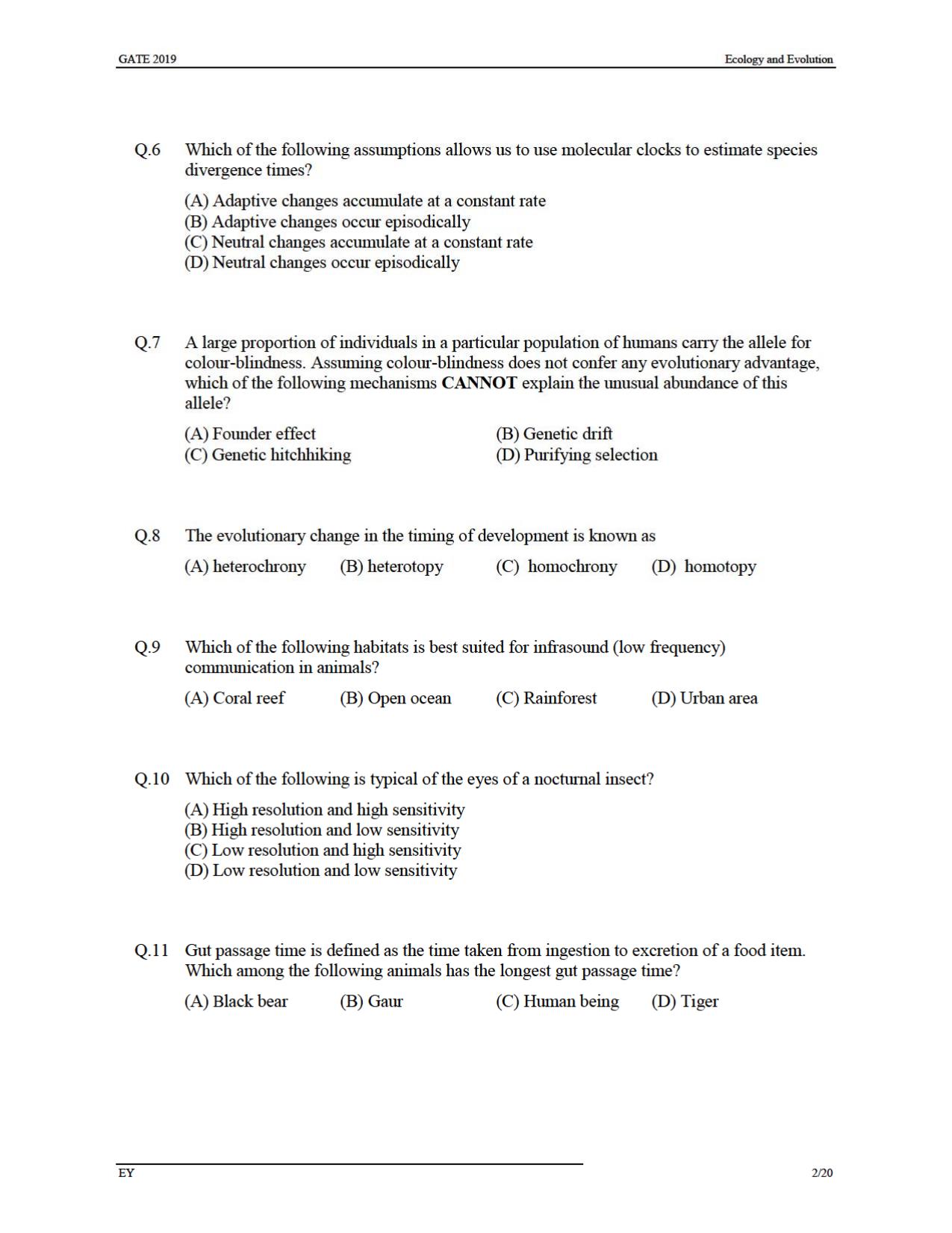 GATE 2019 Ecology and Evolution (EY) Question Paper - Page 5