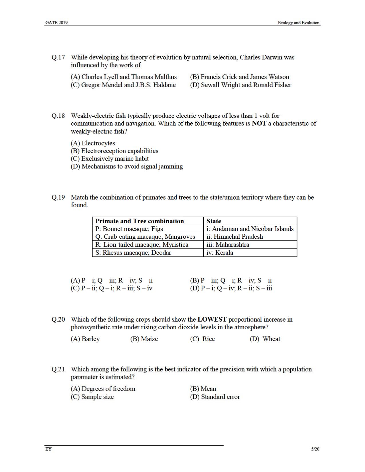 GATE 2019 Ecology and Evolution (EY) Question Paper - Page 8