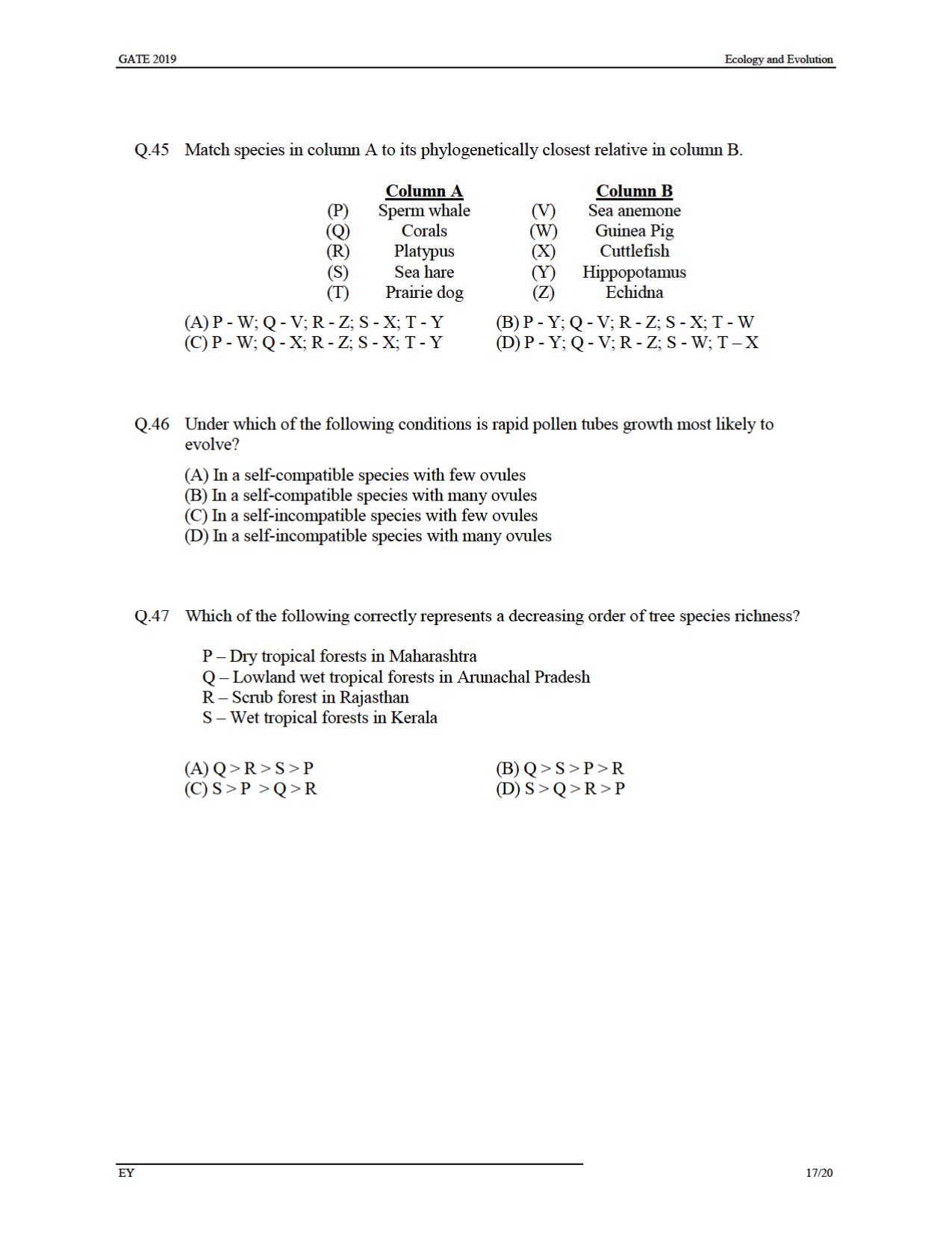 GATE 2019 Ecology and Evolution (EY) Question Paper - Page 20