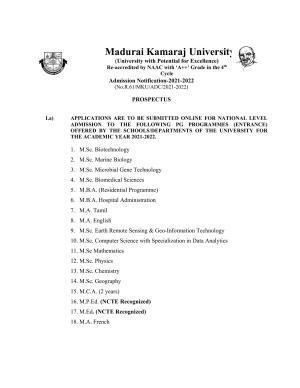 Madurai Kamaraj University, Madurai Admission Prospectus  2021-22