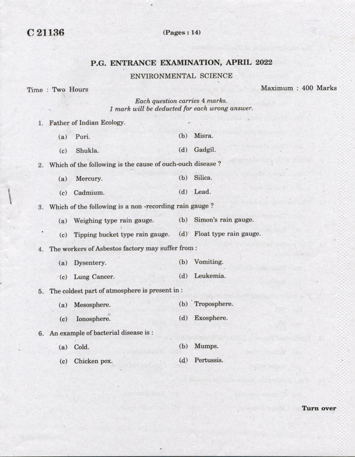 CUCAT 2022 M.Sc Environmental Science Question Paper - Page 1