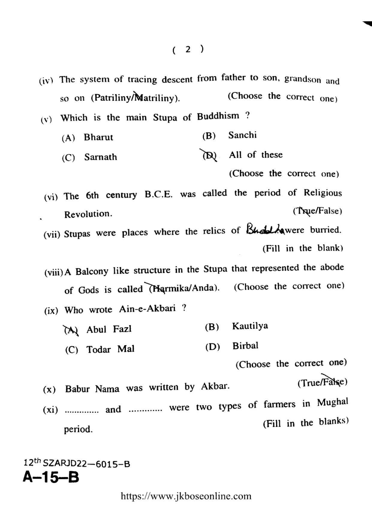 JKBOSE Class 12 History 6015-B Question Papers 2022 - Page 2