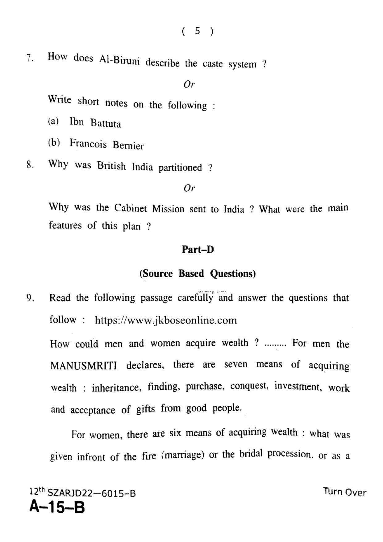 JKBOSE Class 12 History 6015-B Question Papers 2022 - Page 5