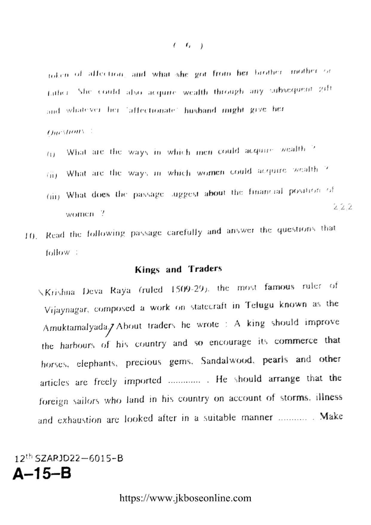 JKBOSE Class 12 History 6015-B Question Papers 2022 - Page 6