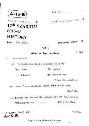 JKBOSE Class 12 History 6015-B Question Papers 2022
