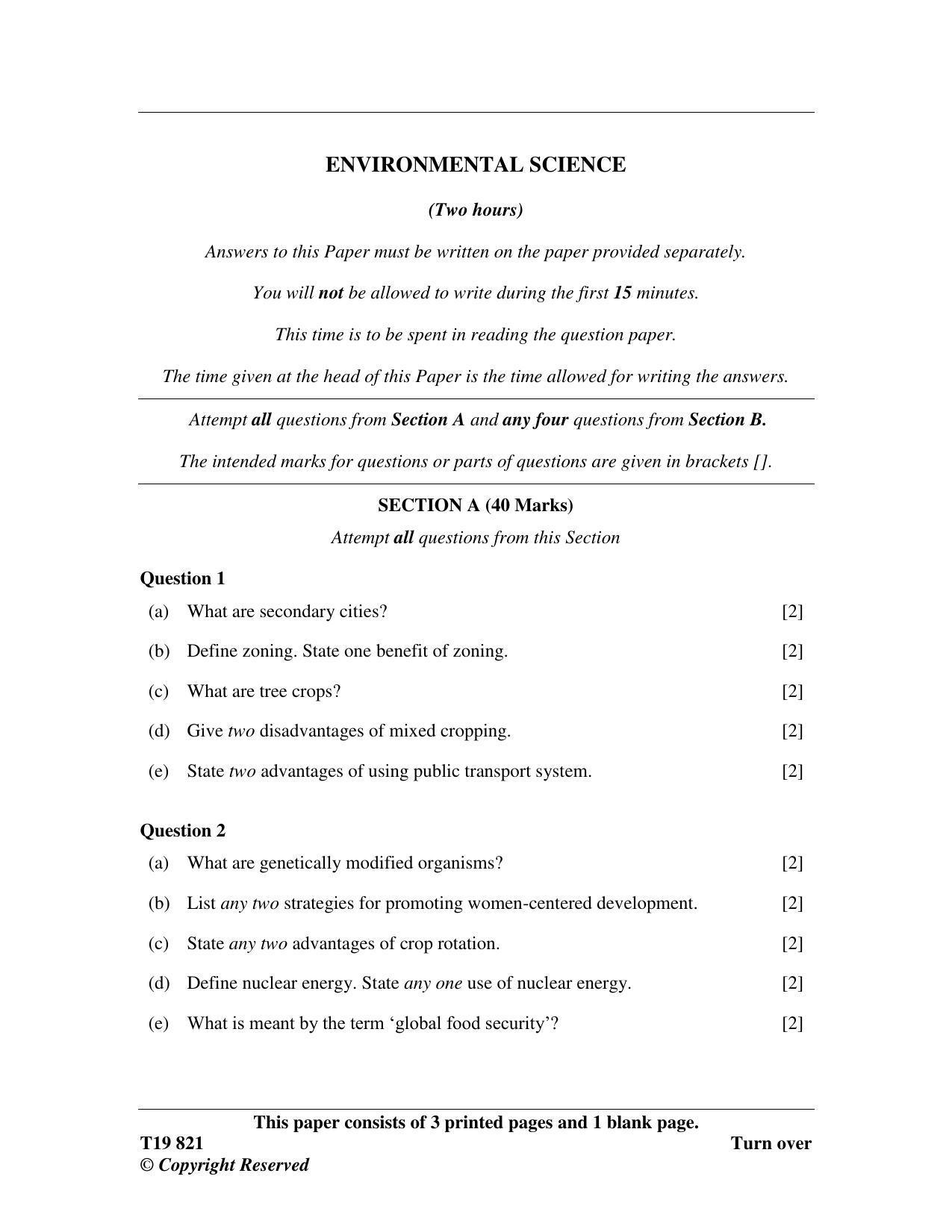 ISC Class 12 2019 Environmental Science Question Paper - Page 1