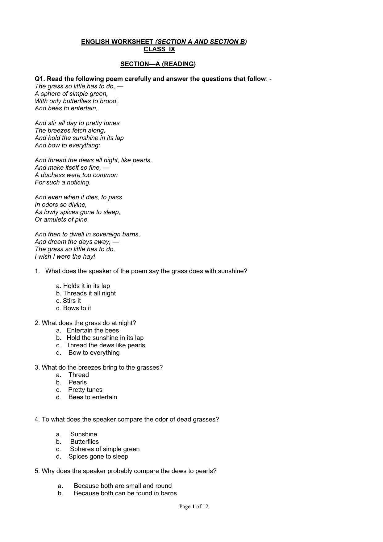 CBSE Worksheets for Class 9 English Assignment 5 - Page 1