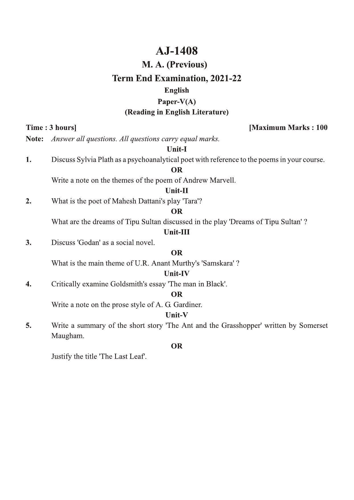 Bilaspur University Question Paper 2021-2022:M.A (Pravious) English Reading In English Literature Paper 1 - Page 1