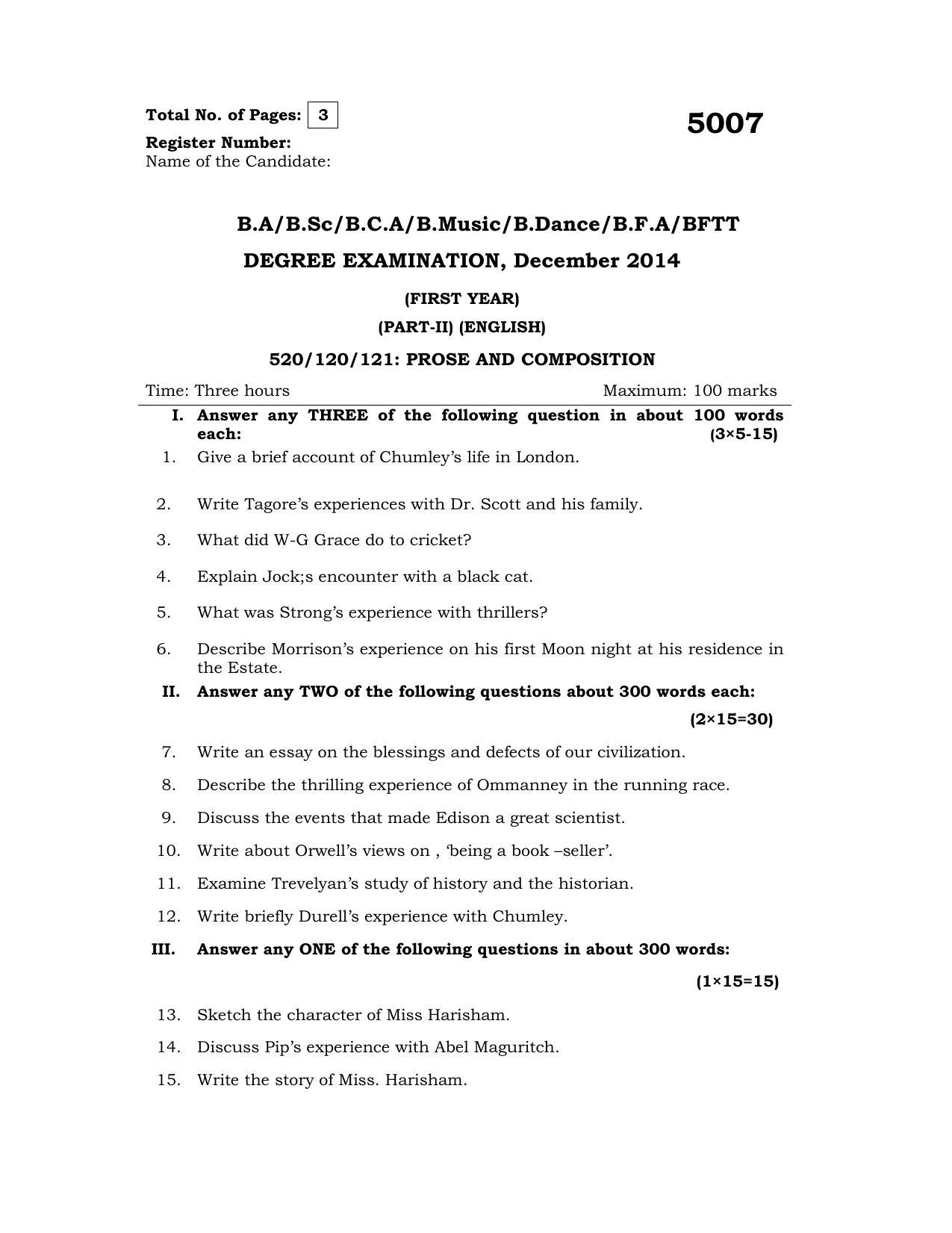 Annamalai University English – Prose And Composition B.C.A. (OUS) December 2014 Question Papers - Page 1