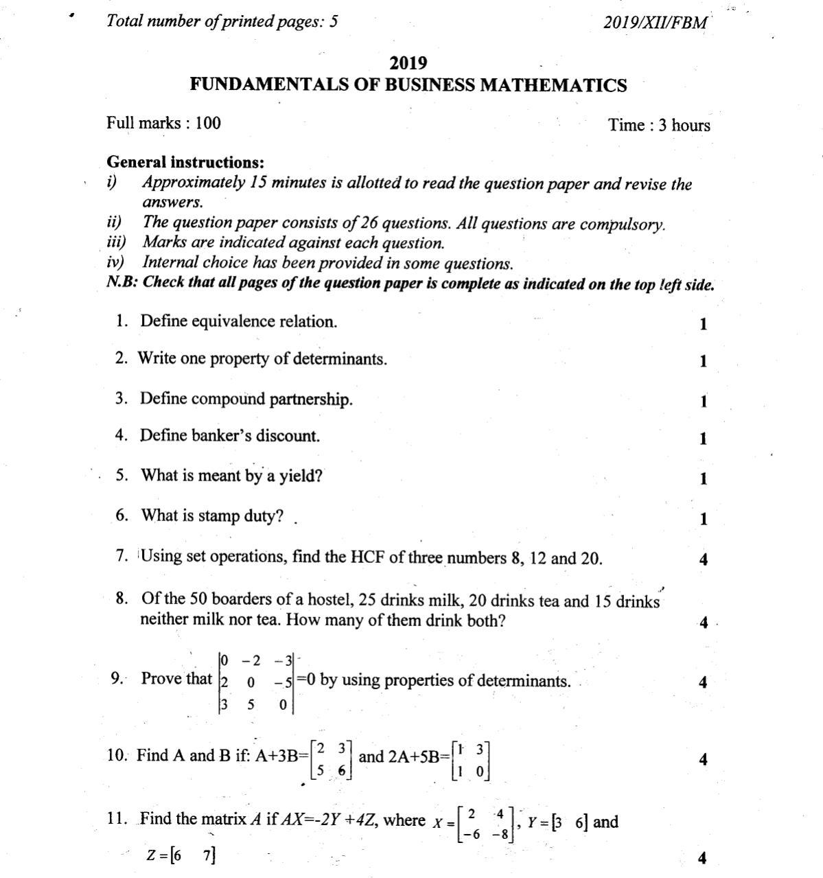 Nagaland Board Class 12 Fundamentals of Business Mathematics 2019 Question Papers - Page 1