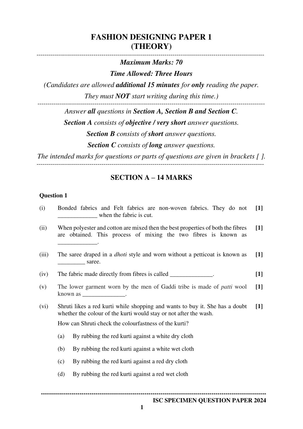 ISC Class 12 2024 Fashion Designing Paper 1 Sample Paper - Page 1
