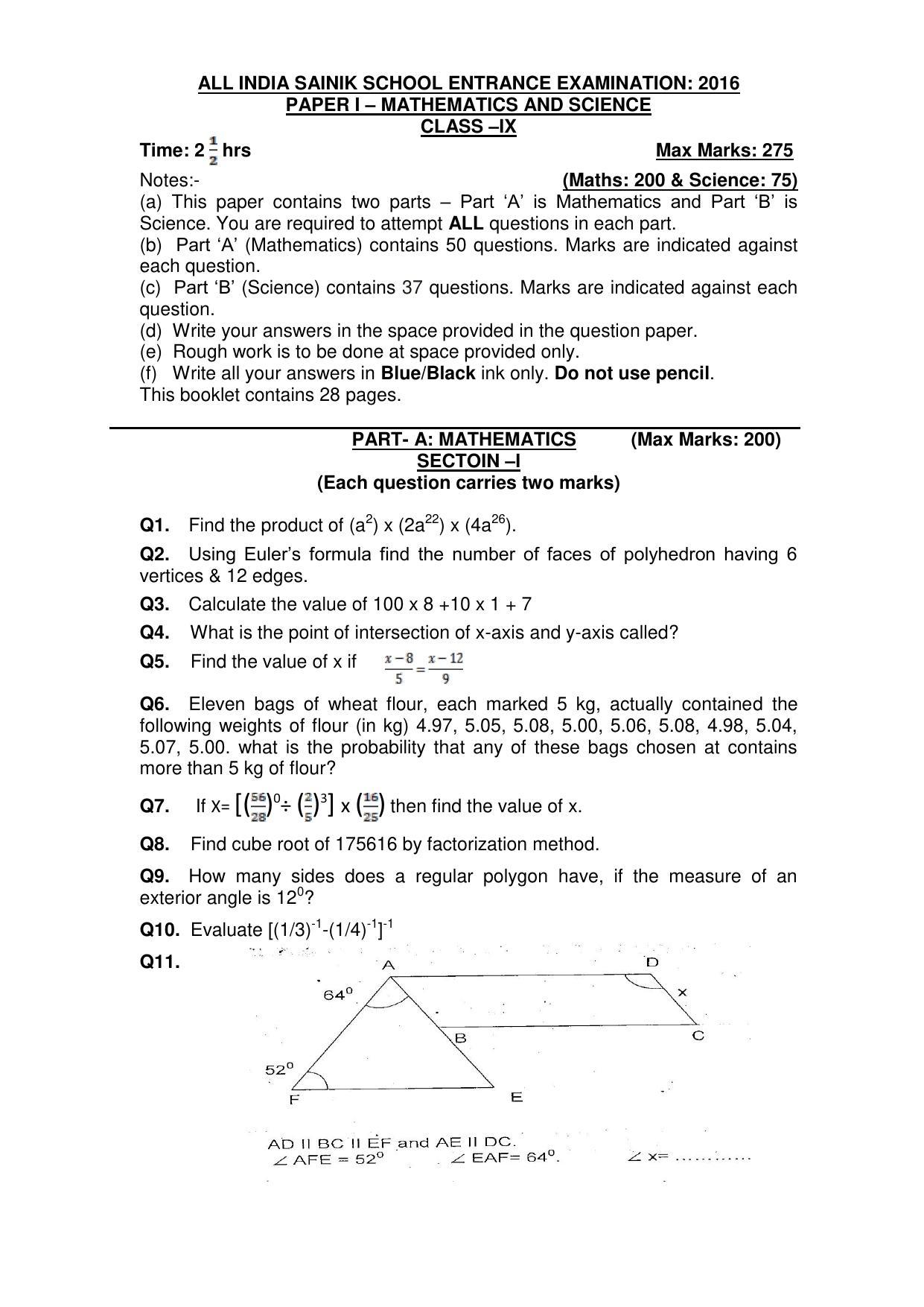 Sainik School Class 9 Question Paper 2016 in English IndCareer Docs