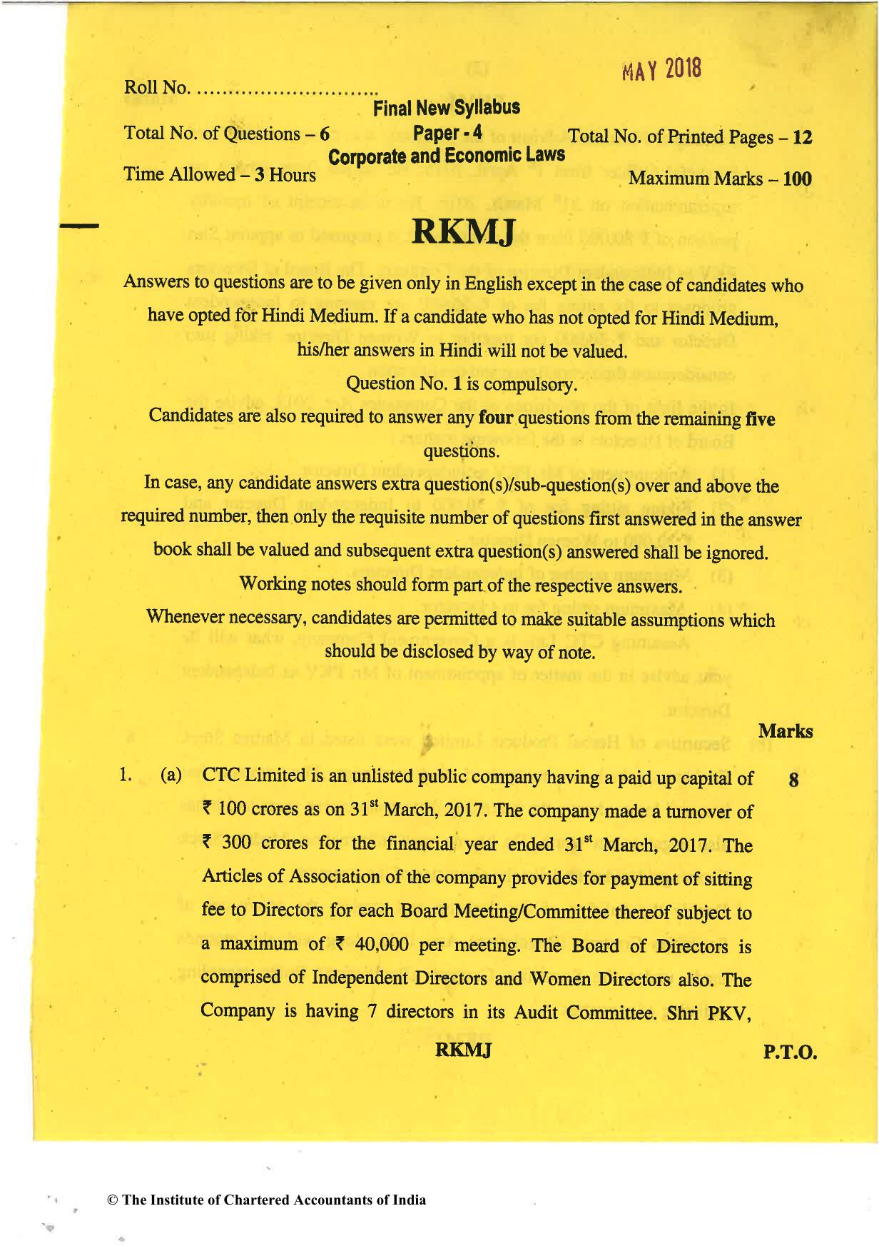 CA Final May 2018 Question Paper - Paper 4 – Corporate & Economic Laws - Page 1
