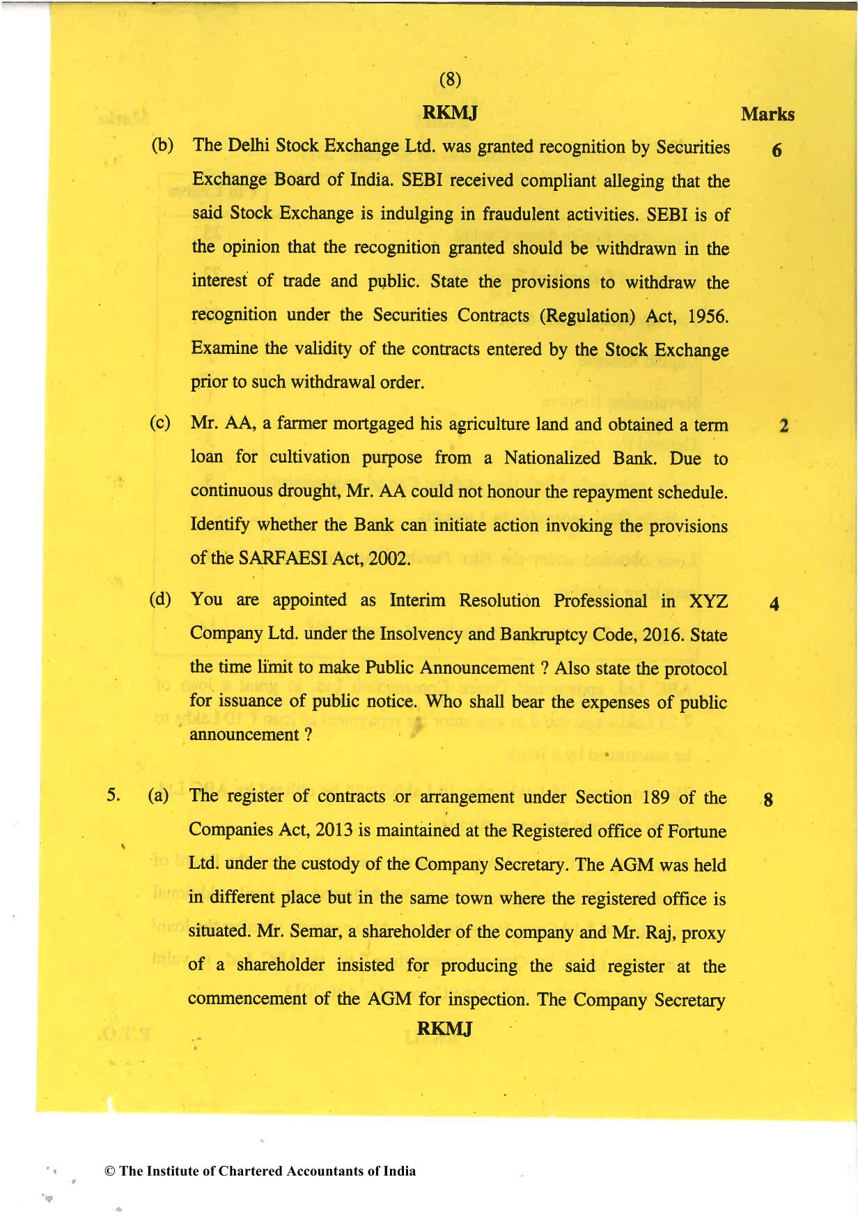 CA Final May 2018 Question Paper - Paper 4 – Corporate & Economic Laws - Page 8