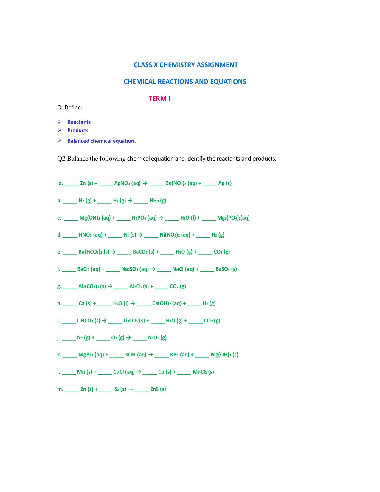 CBSE Worksheets for Class 10 Chemistry Chemical Reactions And Equations Assignment 2 - Page 1