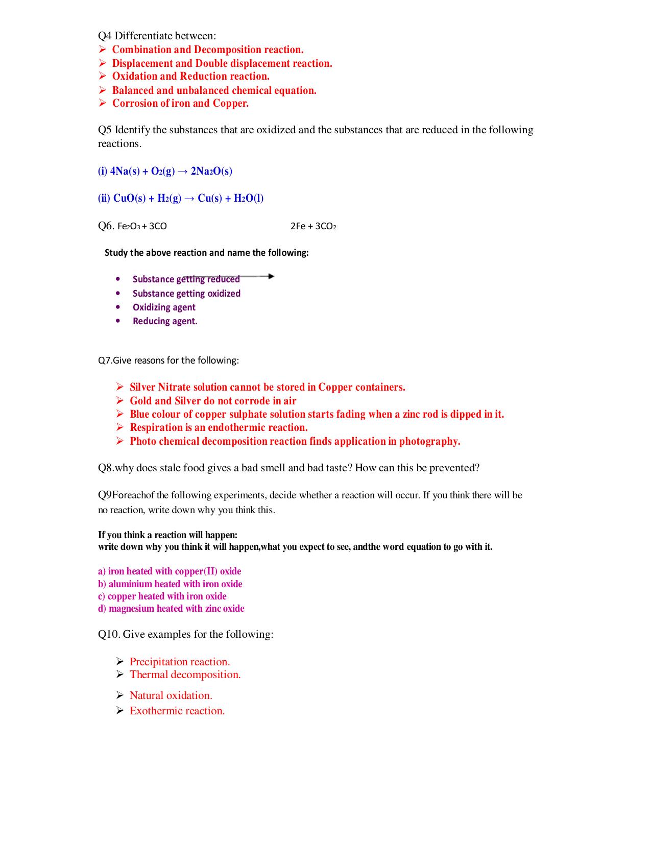 CBSE Worksheets for Class 10 Chemistry Chemical Reactions And Equations Assignment 2 - Page 3