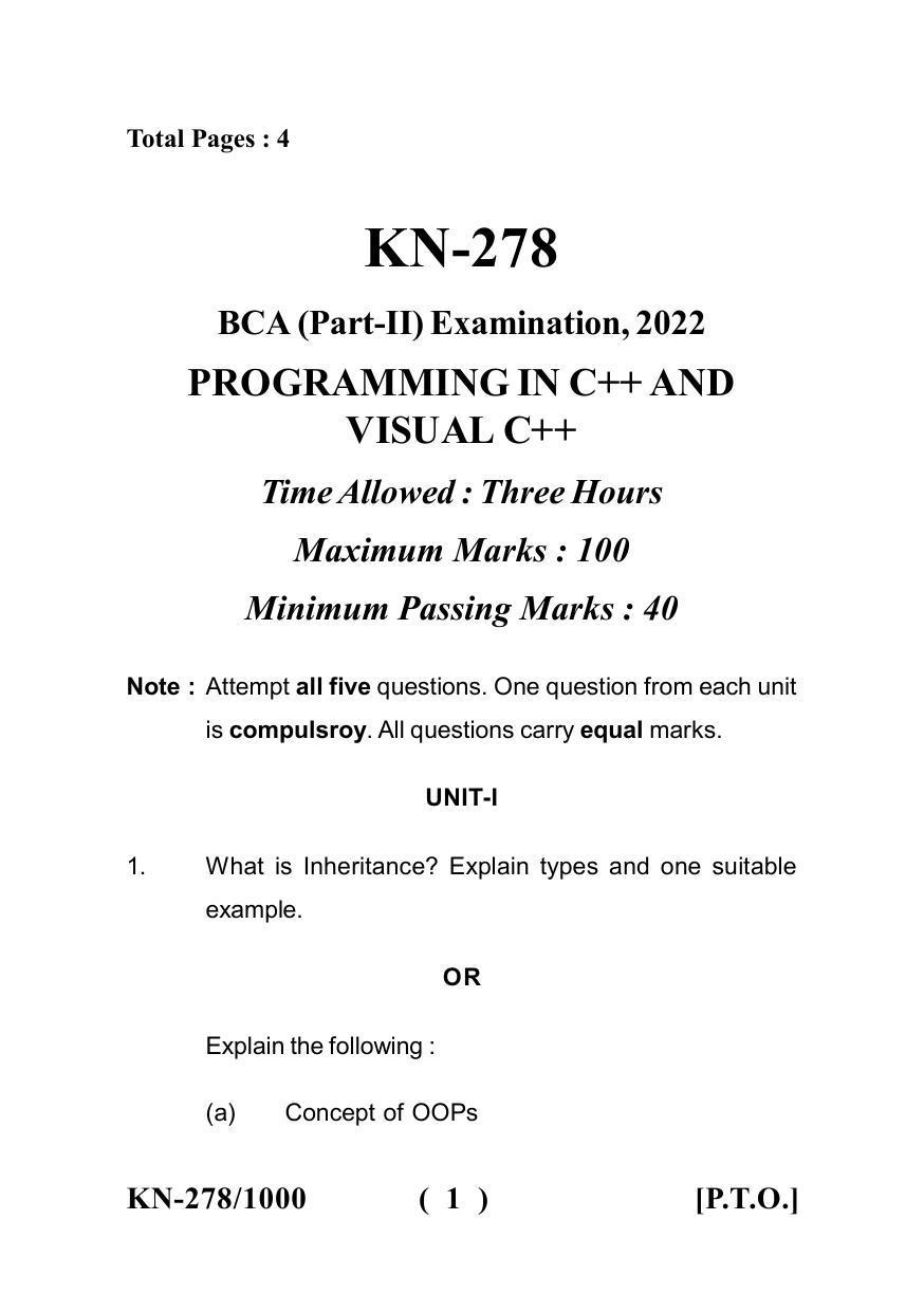 Sarguja University Question Paper - 2022 :   B.C.A Part Two Programming In C++ & Visual C++ Paper I - Page 1