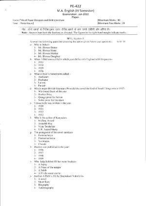 Bilaspur University Question Paper June 2022: M.A. English (Fourth Semester) Diaspora And Dalit Literature Paper 1