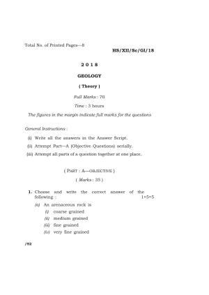 Meghalaya Board (MBOSE) Class 12 GEOLOGY 2018 Question Paper
