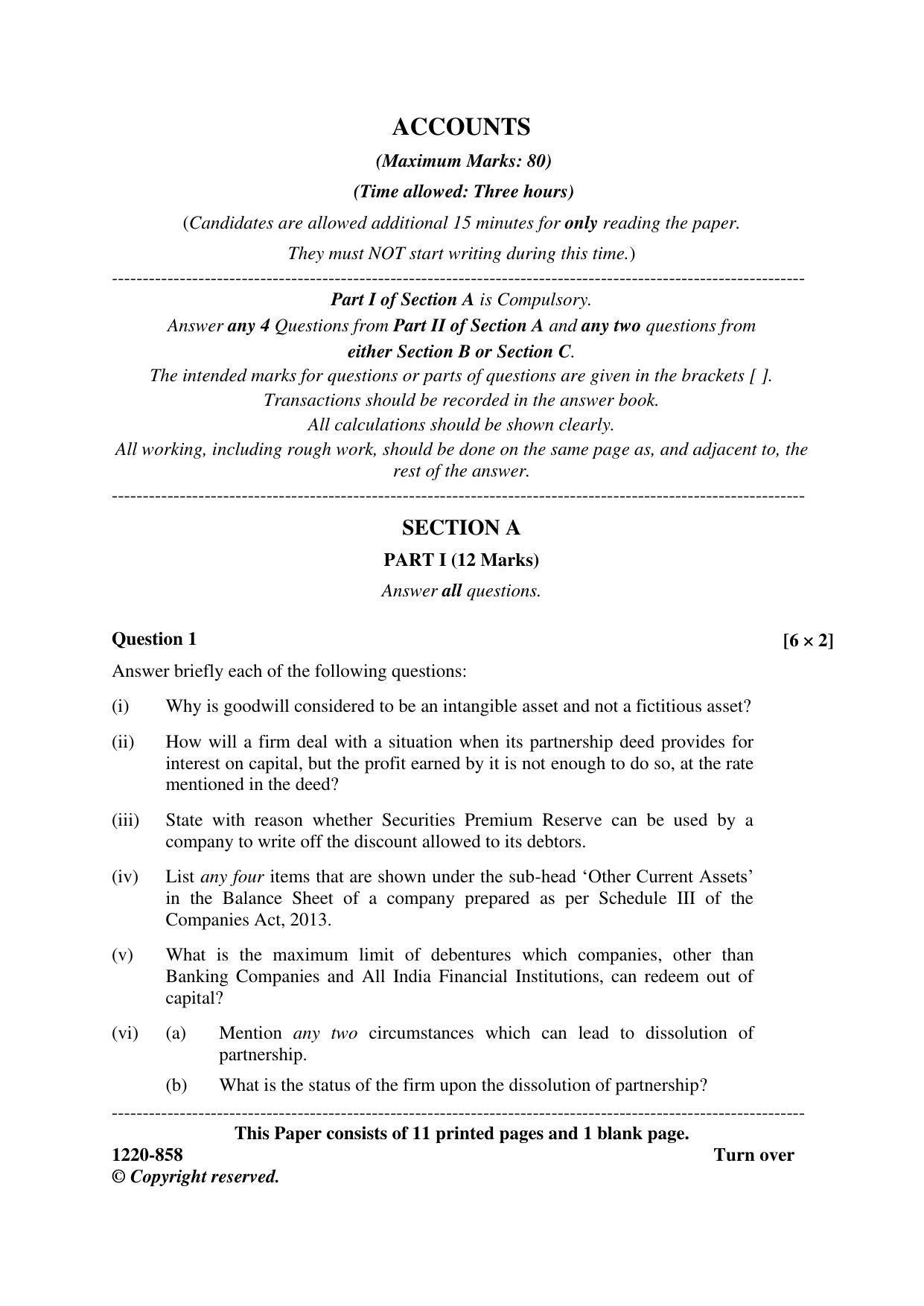 ISC Class 12 2020 Accounts Question Paper - Page 1